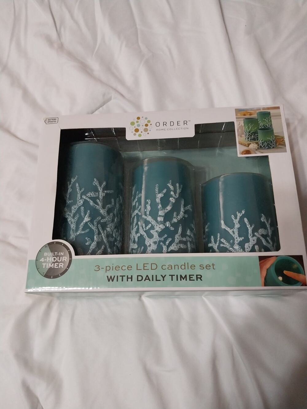Order Home Collection 3-piece LED Candle Set Teal Blue/white Coral Reef Pattern